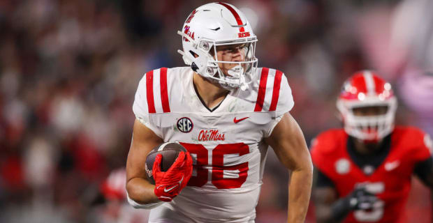 Ole Miss Rebels tight end Caden Prieskorn catches a pass during a college football game in the SEC.